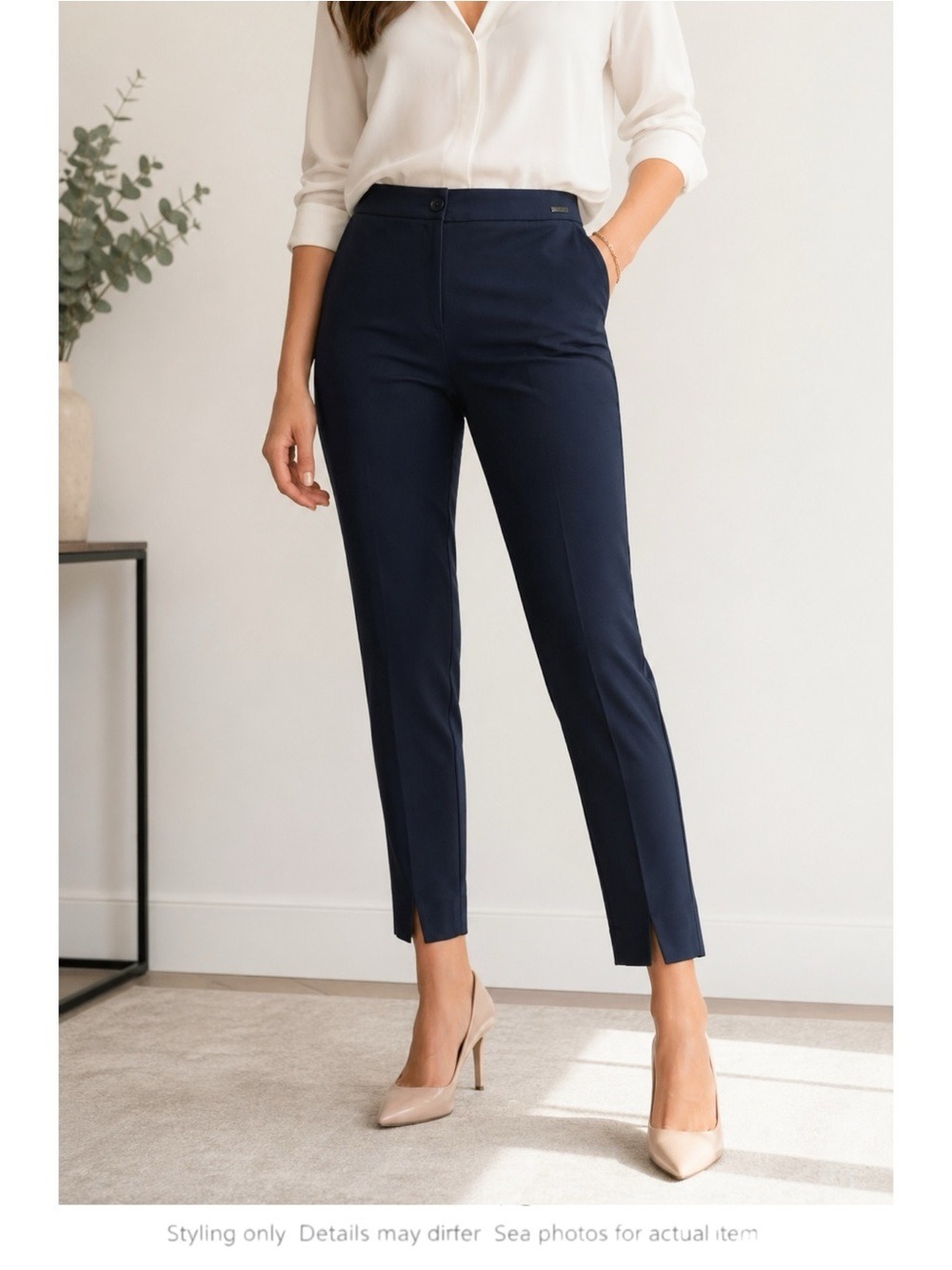 Badgley Mischka Navy Minimalist Ankle Trousers Split Hem Office